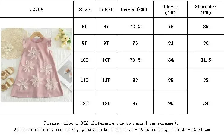Girls’ 3D Flower A-Line Dress – Sleeveless, Knee Length