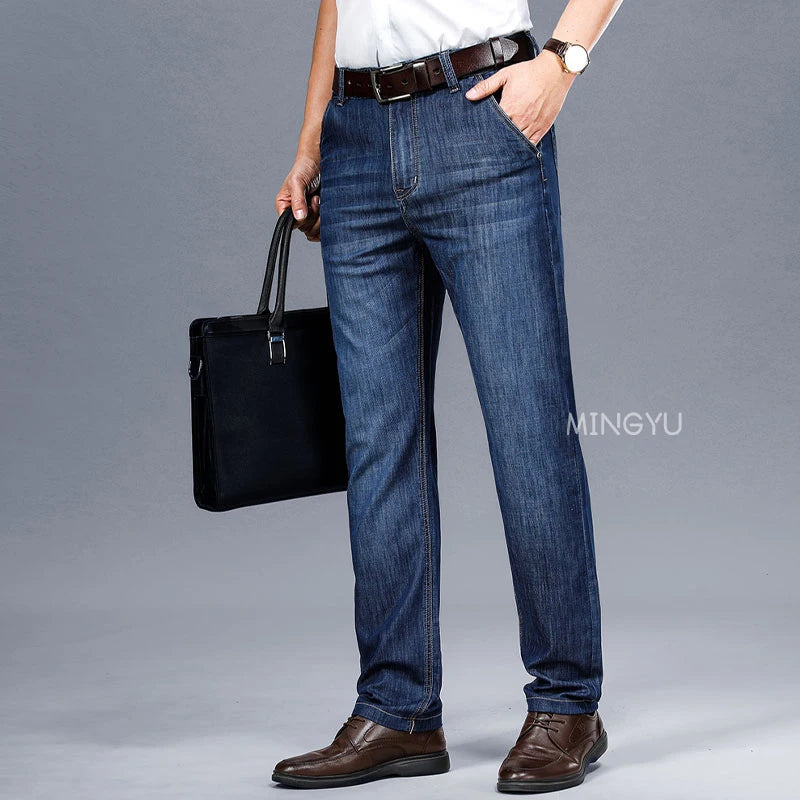 Brand Clothing High Quality Summer Cotton Men's Jeans Classic Business Straight Denim Black Pants Work Trouser Male Plus size 40