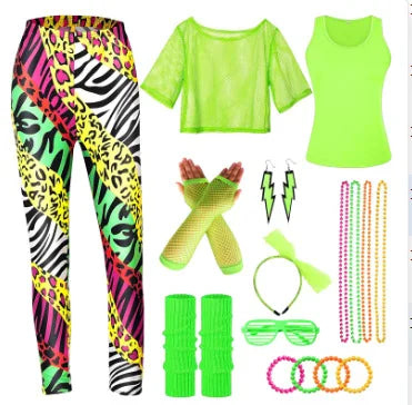 Women’s 80s Workout Outfit Set – Neon Mesh Top & Leggings – Rose Tie-dye – L