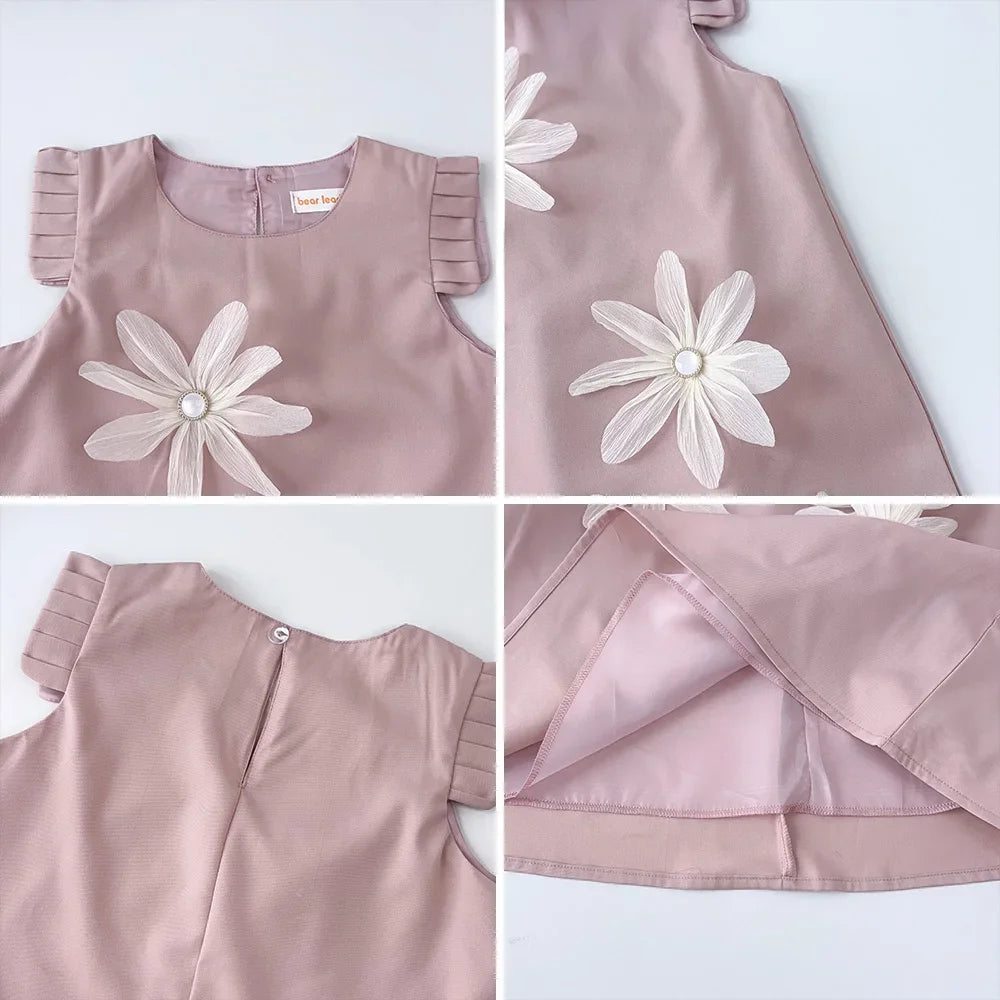 Girls’ 3D Flower A-Line Dress – Sleeveless, Knee Length