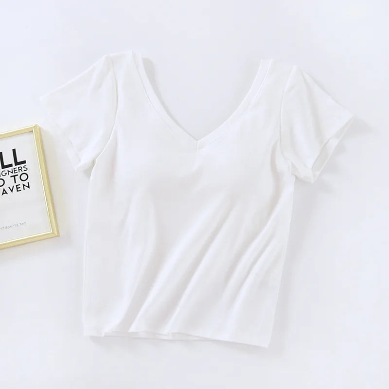 Women's & Teens Cotton Short-Sleeve Padded V-Neck Top