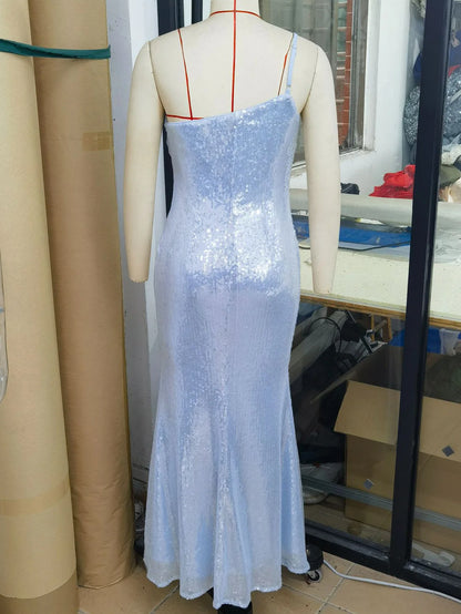Light Blue One-Shoulder Sequin Evening Dress – Elegant Mermaid Fit