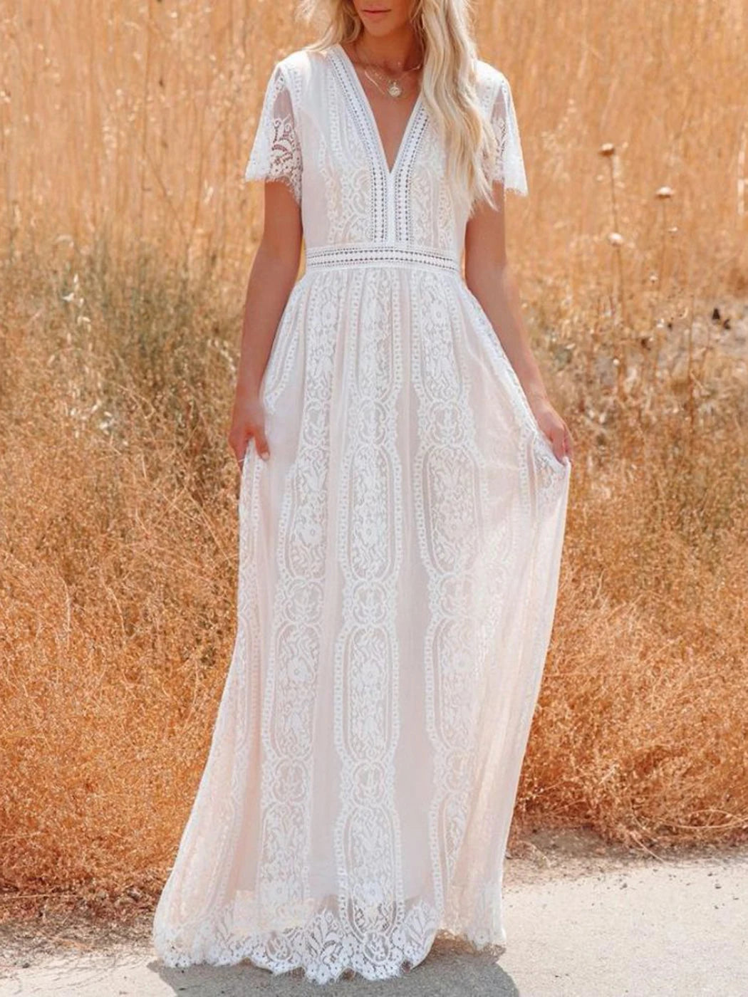 Women’s Embroidered Lace Maxi Dress – Elegant White Boho Beach Style
