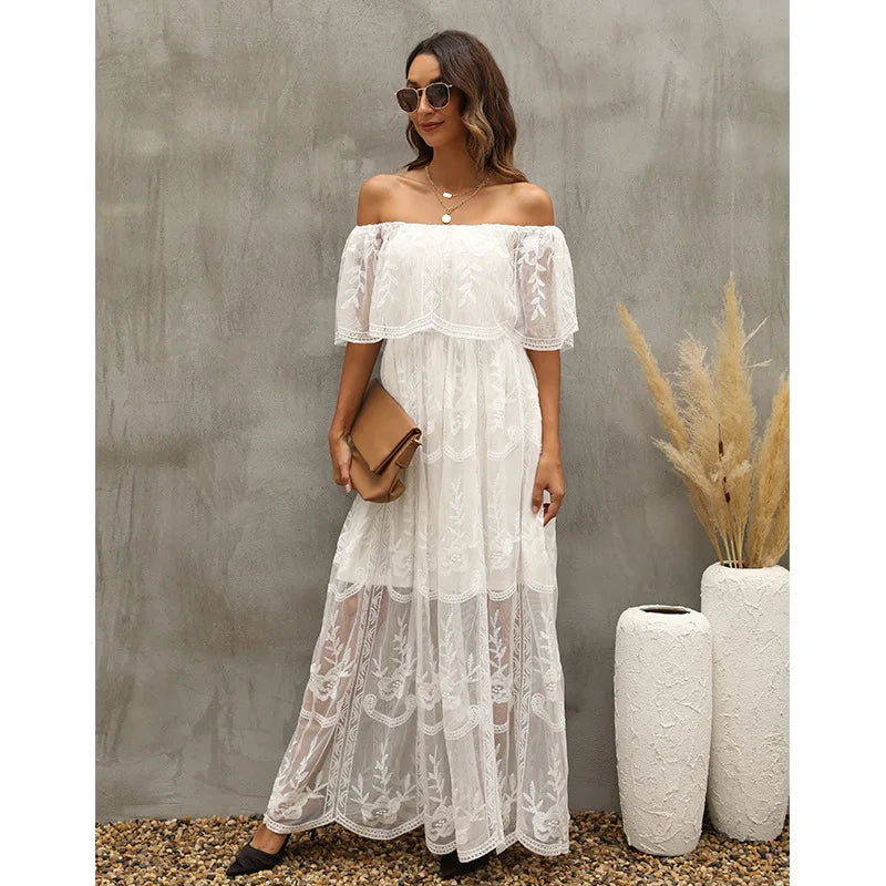 Women’s Embroidered Lace Maxi Dress – Elegant White Boho Beach Style