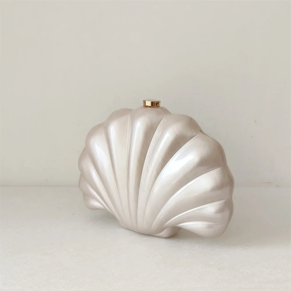 Shell Clutch Evening Bag – Beaded Handle, Formal Elegance