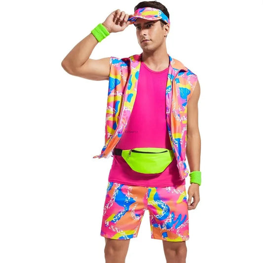 Men’s 80s Cruise Outfit Set – Neon Print Shirt & Shorts – Pink – S