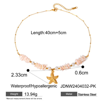 Layered Shell & Starfish Pendant Necklace – Stainless Steel, Gold Tone