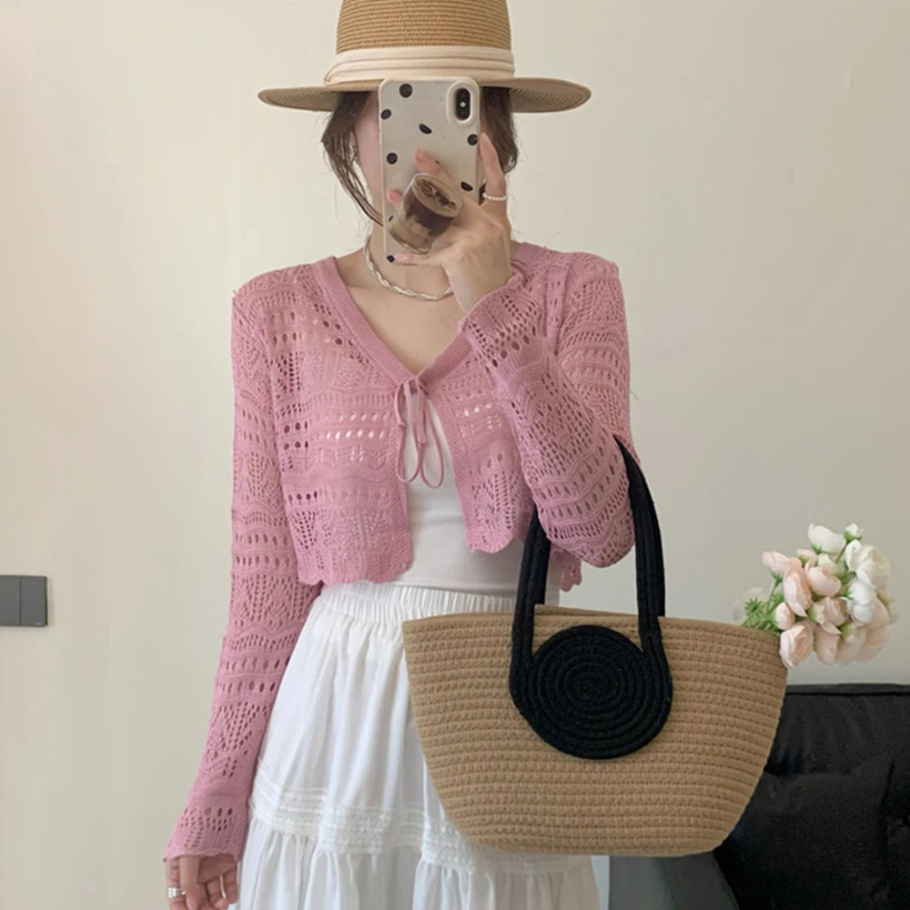 Women’s & Teens’ Crochet Tie-Front Shrug – Cropped Long Sleeve