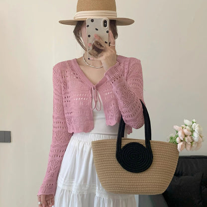 Women’s & Teens’ Crochet Tie-Front Shrug – Cropped Long Sleeve