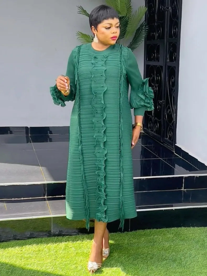 Elegant Pleated Lantern-Sleeve Midi Dress