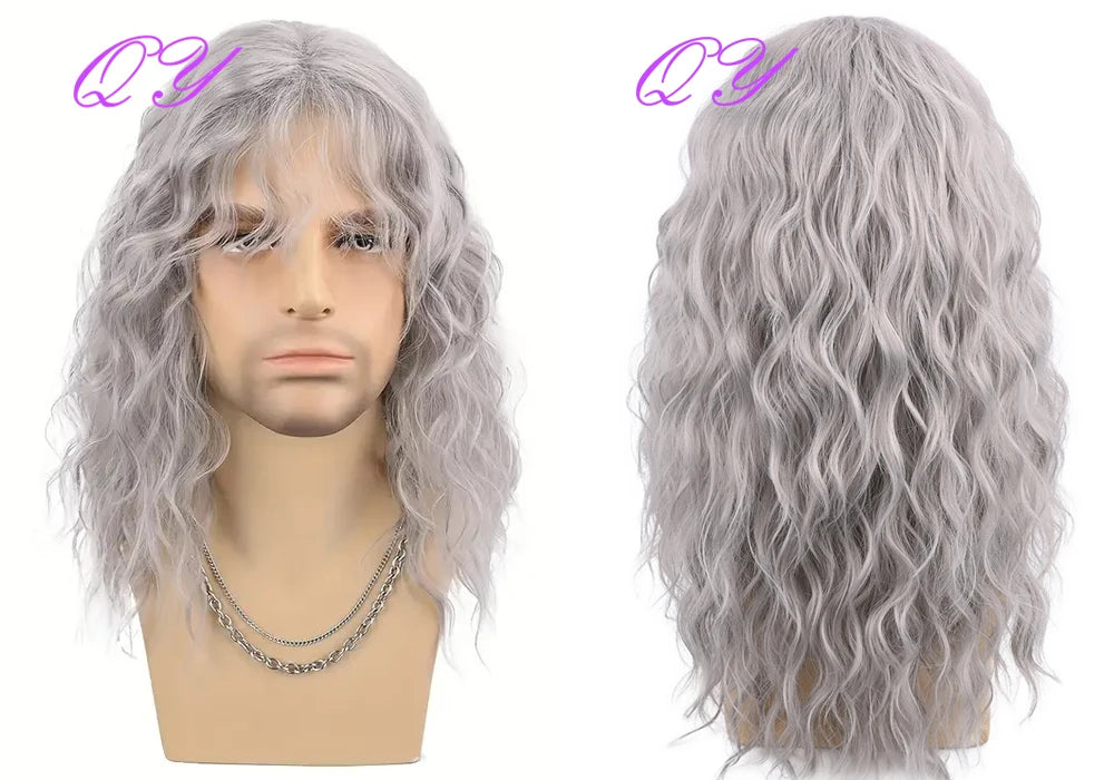 Synthetic Men Wig Natural Curly Dark Brown Color Male Wig With Bangs Water Wave Daily or Cosplay Adjustable Man Hair Wig
