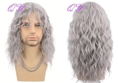 Synthetic Men Wig Natural Curly Dark Brown Color Male Wig With Bangs Water Wave Daily or Cosplay Adjustable Man Hair Wig
