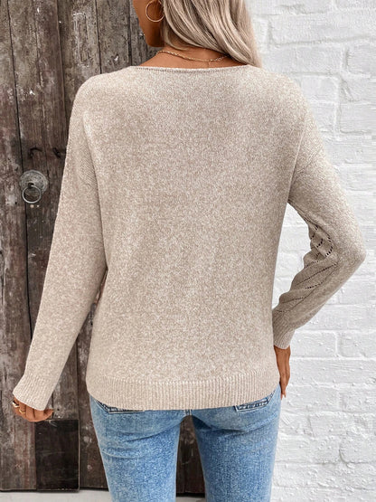 Women’s V-Neck Knit Sweater – Hollow-Out Design, Medium Stretch, All-Season Comfort