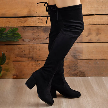 Women’s Over-the-Knee Boots – Black Faux Suede, Square Heel