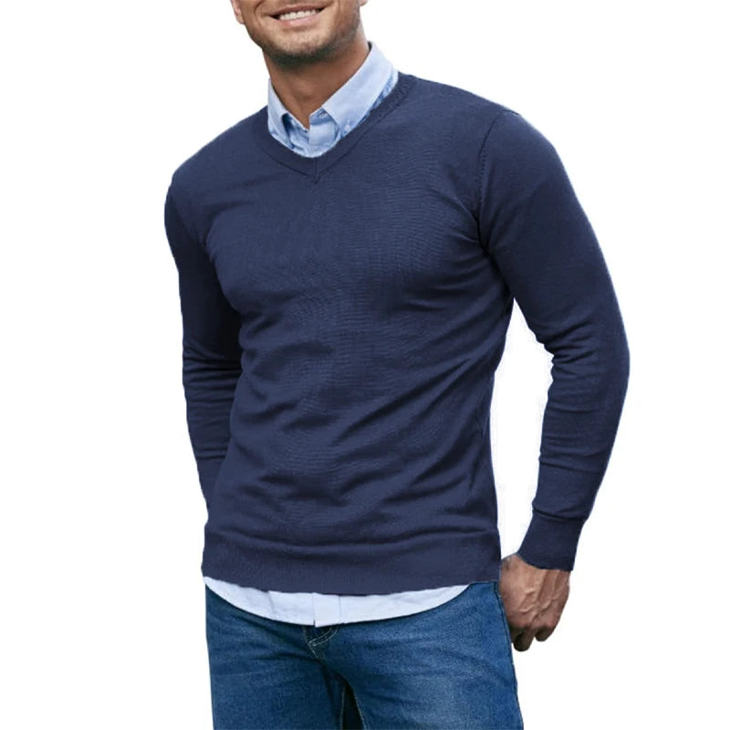 Men’s V-Neck Knit Pullover Sweater – Lightweight Long Sleeve