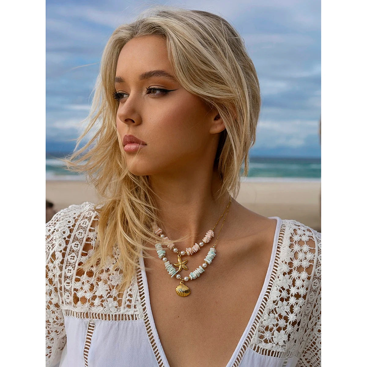Layered Shell & Starfish Pendant Necklace – Stainless Steel, Gold Tone