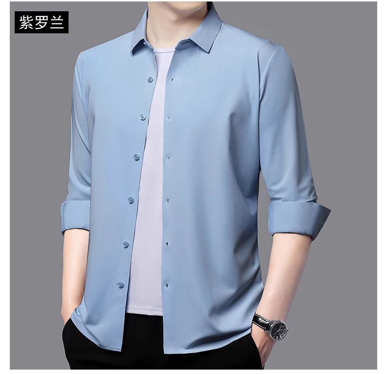 Men’s Ultra-Stretch Long-Sleeve Shirt – Silky Feel, Smart Casual Fit