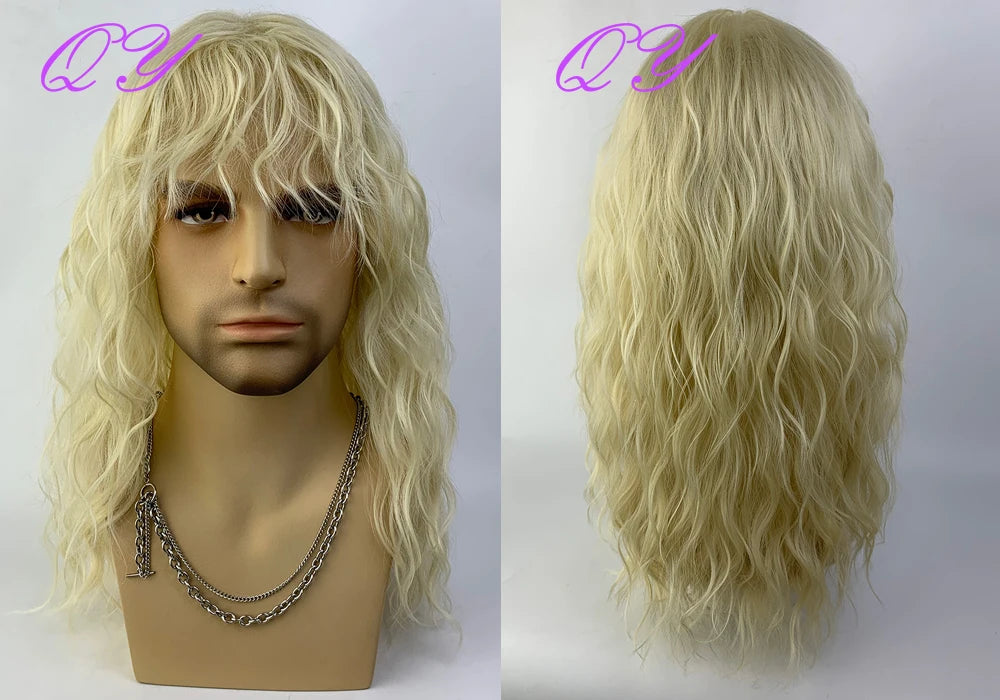 Synthetic Men Wig Natural Curly Dark Brown Color Male Wig With Bangs Water Wave Daily or Cosplay Adjustable Man Hair Wig