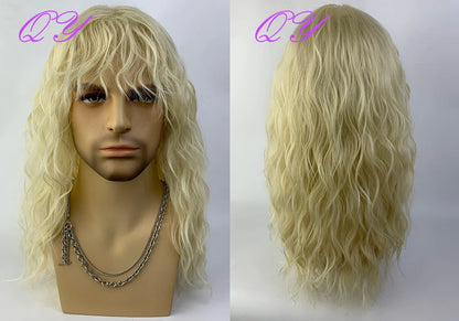 Synthetic Men Wig Natural Curly Dark Brown Color Male Wig With Bangs Water Wave Daily or Cosplay Adjustable Man Hair Wig