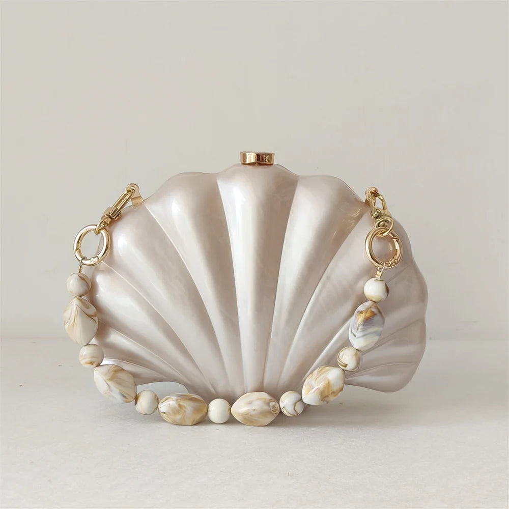 Shell Clutch Evening Bag – Beaded Handle, Formal Elegance