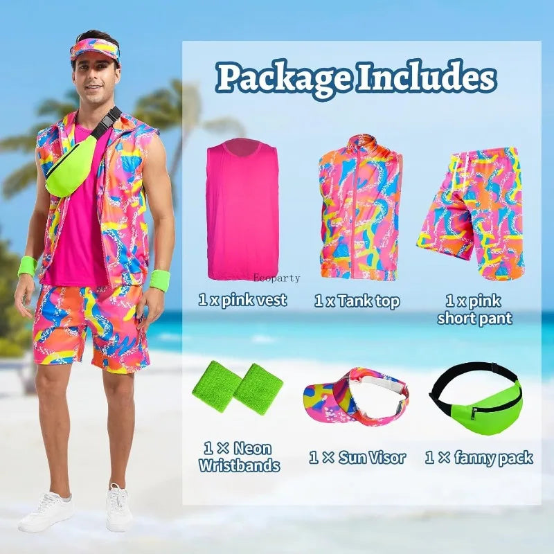 Men’s 80s Cruise Outfit Set – Neon Print Shirt & Shorts – Pink – M