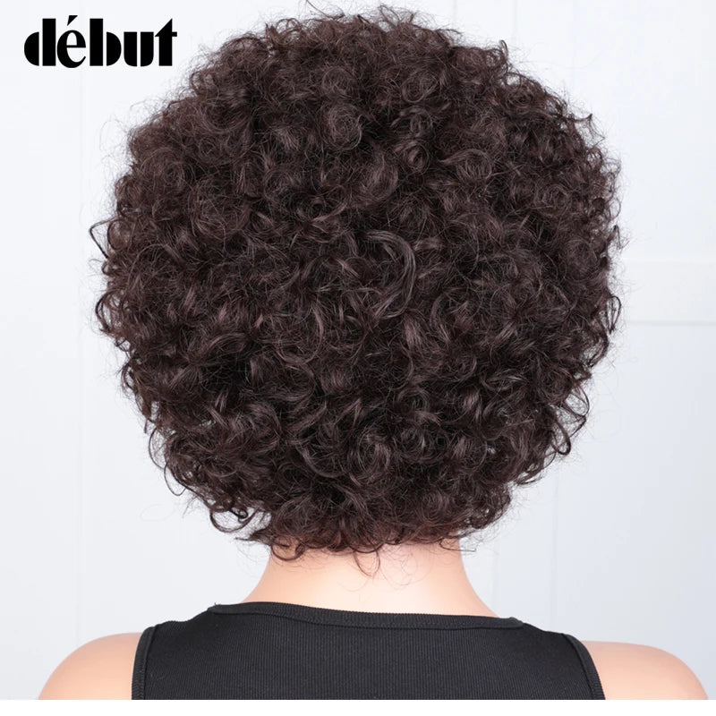 Short Curly Human Hair Wig with Bangs – Natural Brown Pixie Style
