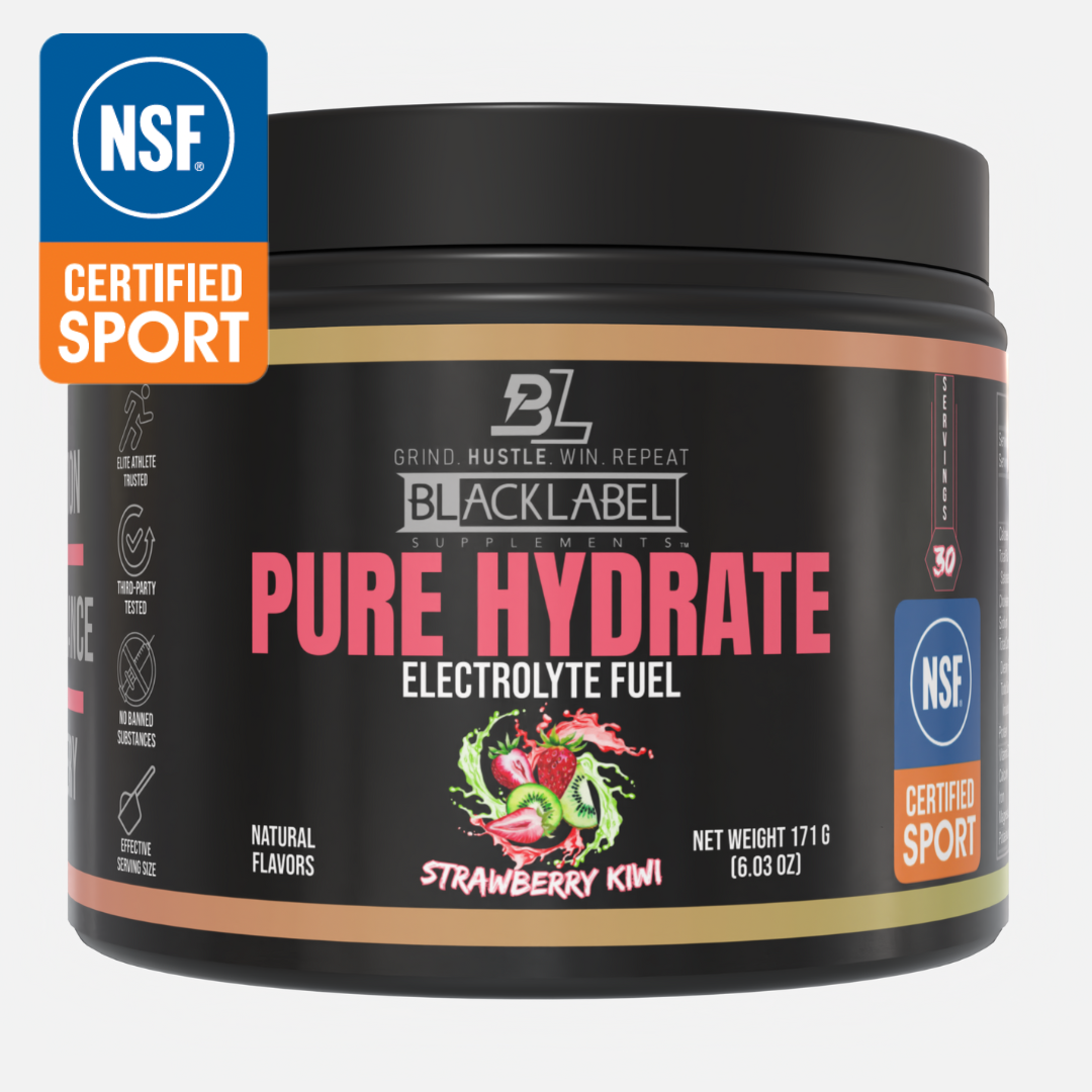 BlackLabel Pure Hydrate electrolyte fuel container with NSF certification logo on a white background