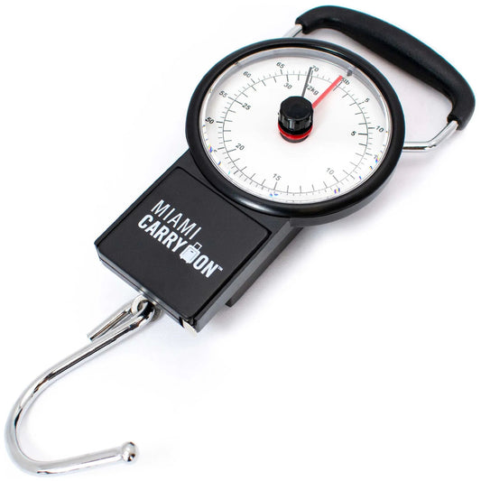 Luggage scale with dial and hook on a white background, branded 'Miami Carry On'.
