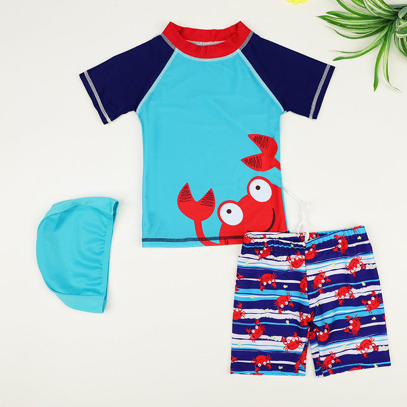 Boys’ 3-Piece Dinosaur Swim Set – Rash Guard, Trunks & Swim Cap