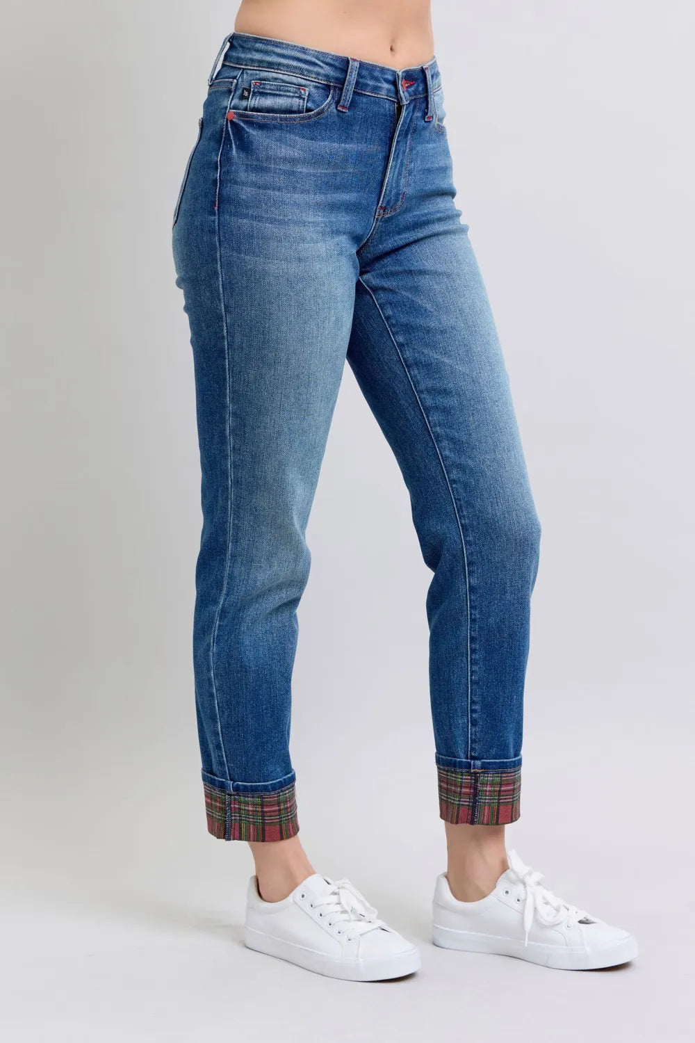 Judy Blue Full Size Plaid Print Cuff Straight Leg Jeans with Pockets – Medium – 3(26)
