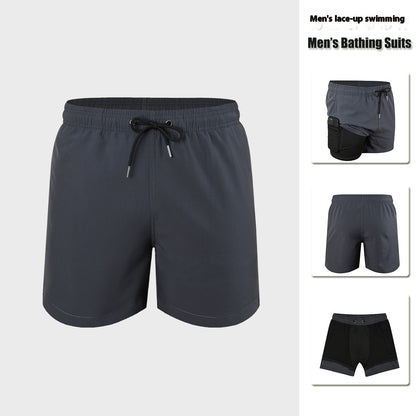 Men’s Double-Layer Anti-Embarrassment Swim Trunks with Side Pocket