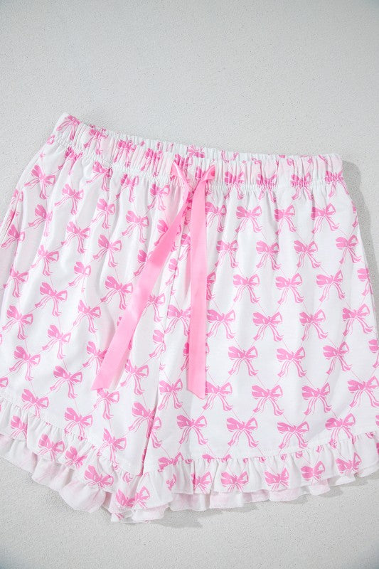 Pink Short Sleeve and Ruffled Shorts Pajama Set