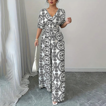 Women’s Wide-Leg Jumpsuit — V-Neck Wrap Style with Short Sleeves - The Dock Drop