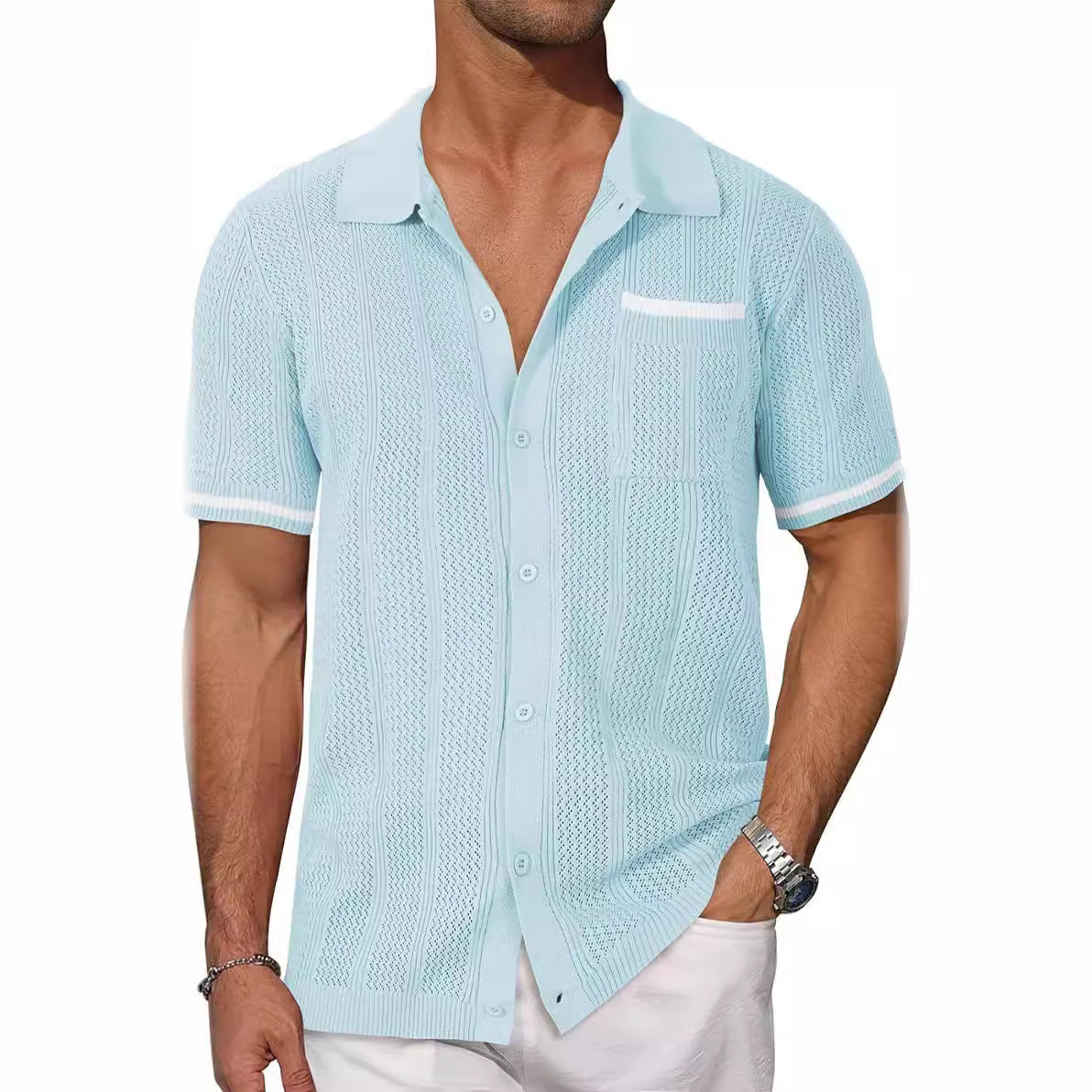 Coastline Breeze Shirt – Men’s Short-Sleeve Hollow Knit Button-Up - The Dock Drop