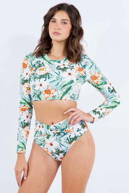 Two Piece Floral Print with Long Sleeve Bikini