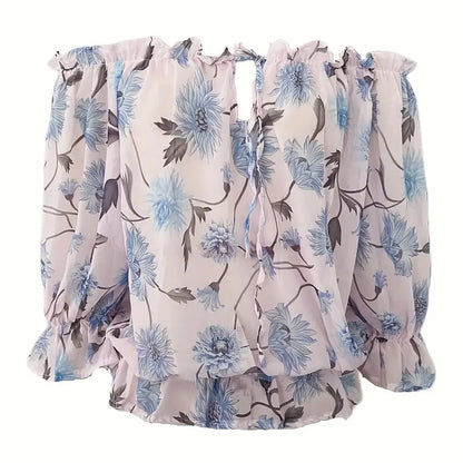 Women’s Floral Off-Shoulder Blouse — Ruffle Sleeve Chiffon Top - The Dock Drop