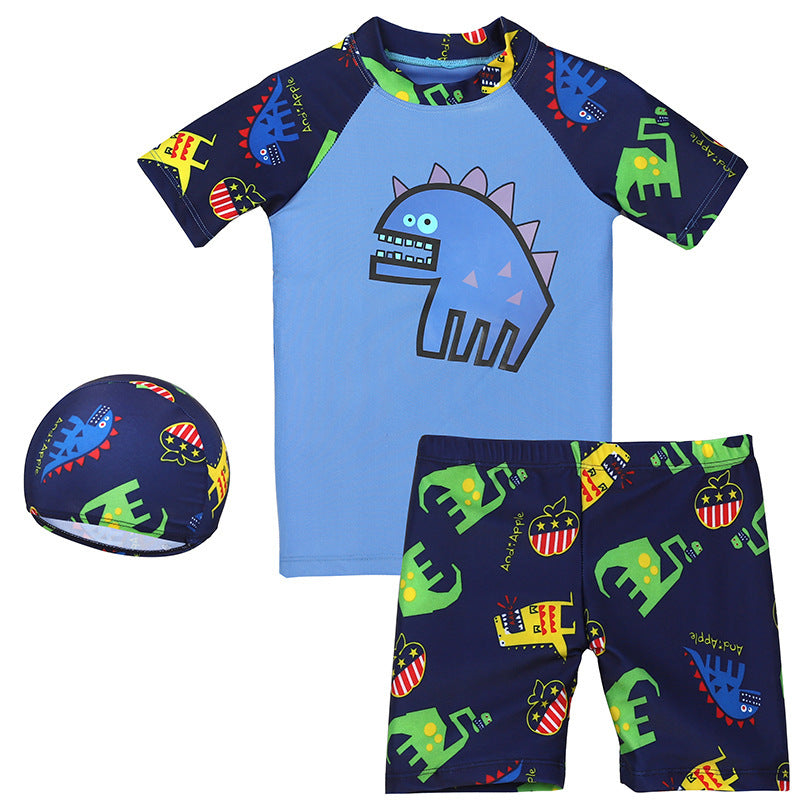 Boys’ 3-Piece Dinosaur Swim Set – Rash Guard, Trunks & Swim Cap