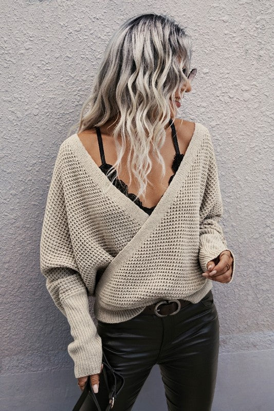 V Neck Cross Knit Sweater – Beige – L