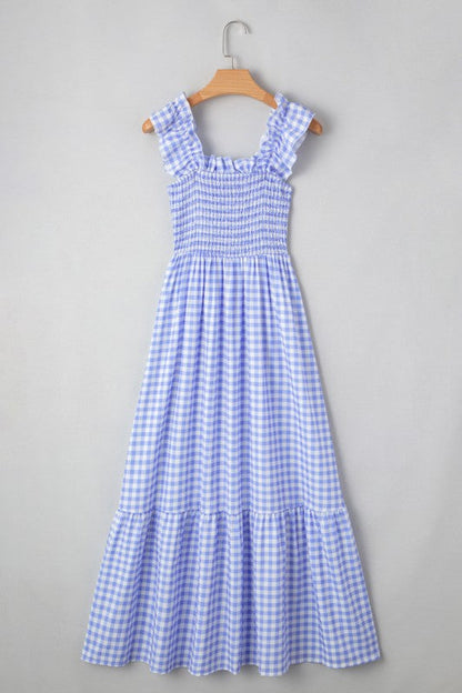Blue Gingham Plaid Check Maxi Dress