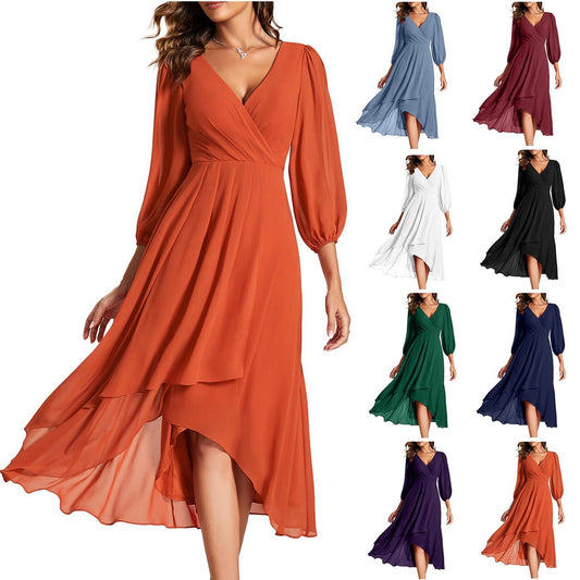 Women’s V-Neck Layered Maxi Dress – Long Sleeve, Flowy Evening Style - The Dock Drop