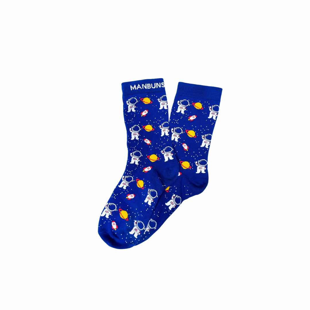 Blue socks with space-themed design on a white background