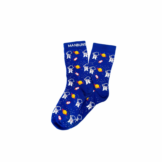 Blue socks with space-themed design on a white background