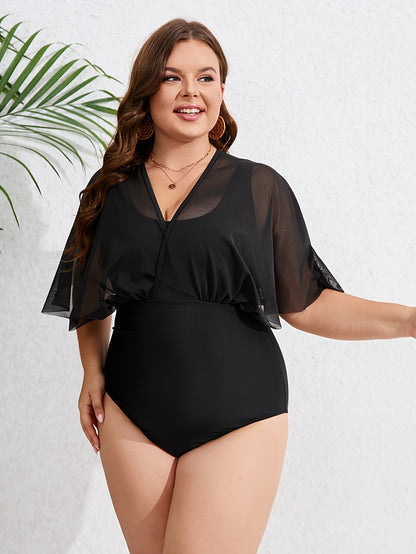 Women’s Plus Size One-Piece Swimsuit – Flutter Sleeves, V-Neck, Supportive Fit - The Dock Drop