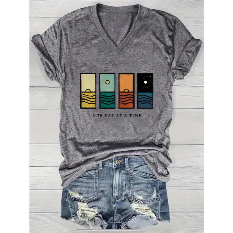 Geometric Mountains & Starry Night Graphic Tee – Soft V-Neck - The Dock Drop