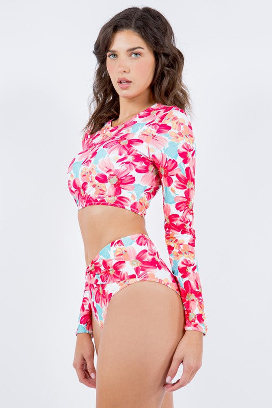 Two Piece Floral Print with Long Sleeve Bikini – Coral – L