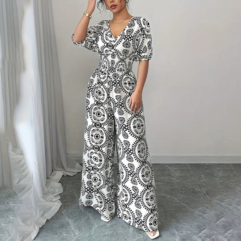 Women’s Wide-Leg Jumpsuit — V-Neck Wrap Style with Short Sleeves - The Dock Drop