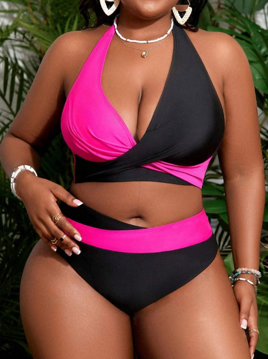 Women’s Plus Size Halter Swimsuit – Two-Tone Contrast, Tie-Back Design - The Dock Drop