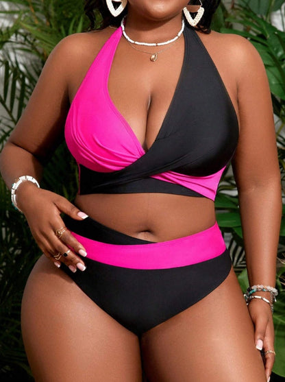 Women’s Plus Size Halter Swimsuit – Two-Tone Contrast, Tie-Back Design - The Dock Drop