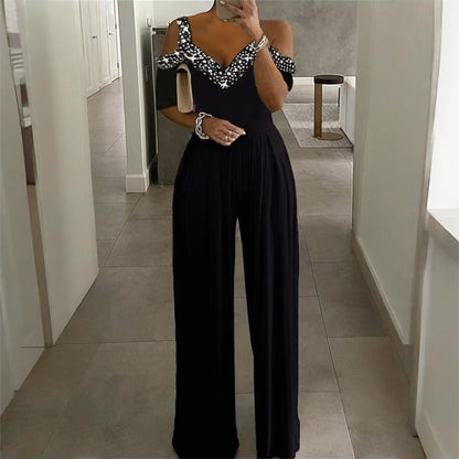 Women’s Plus Size Wide-Leg Jumpsuit – V-Neck with Rhinestone Detail - The Dock Drop