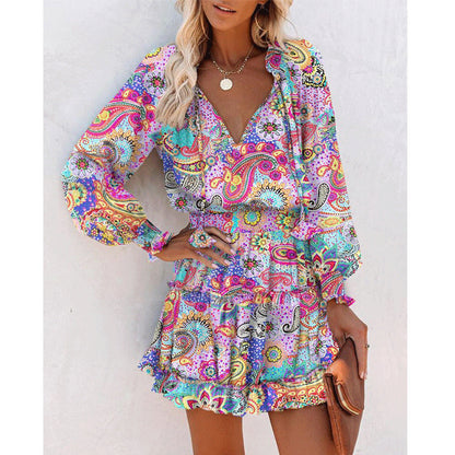 Floral Puff-Sleeve Ruffle Dress – Elastic Waist, V-Neck, Flowy Hem - The Dock Drop